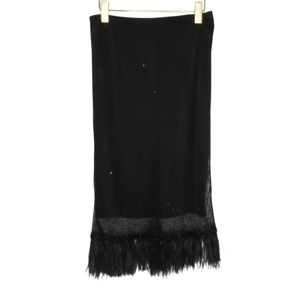 90s Vintage Tahari Black Frayed Tassel Midi Skirt Pencil Skirt with Sequins 29" - Picture 3 of 8
